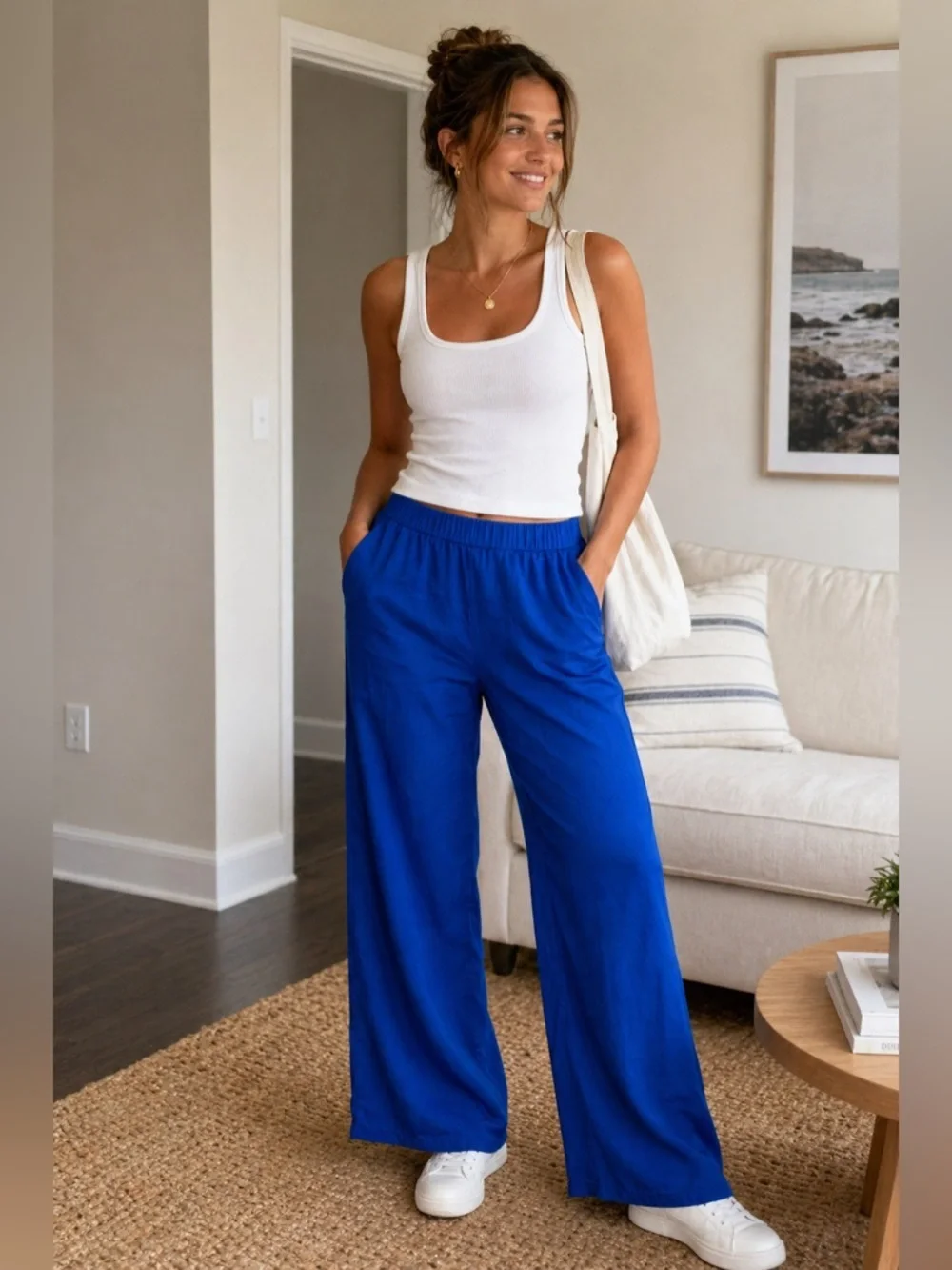J.Crew Blue Wide Leg Pull-On Pants Size 8 Elastic Waist Casual 25359